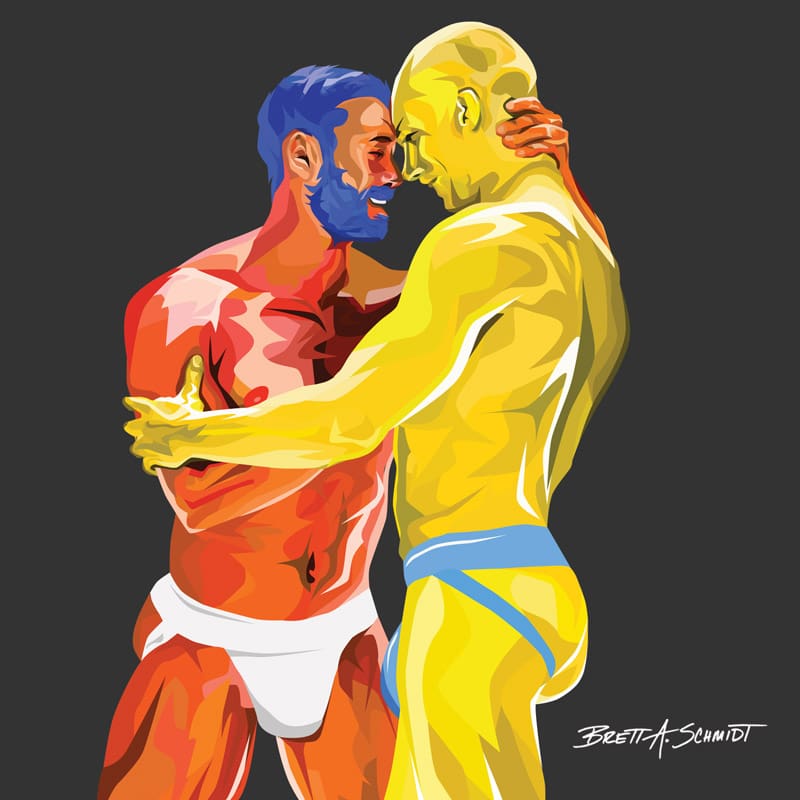 Two males in jockstraps holding each other